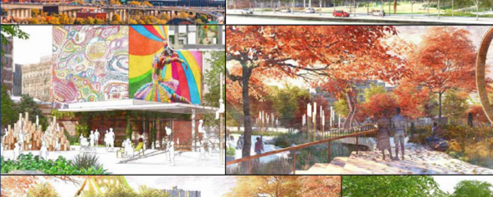 A collage of renderings for Downtown Pittsburgh