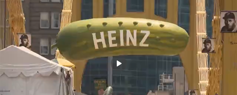 Pickle balloon with "Heinz" written on it